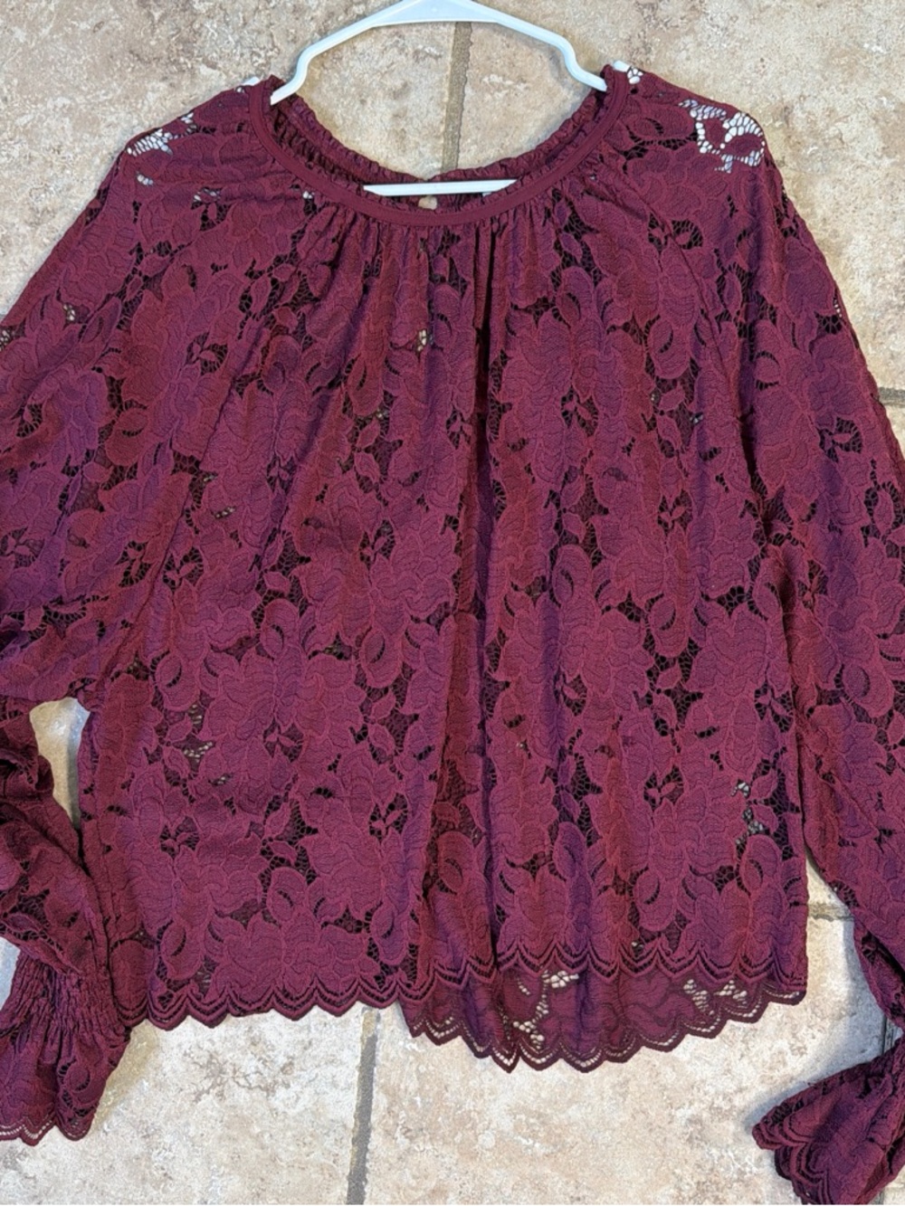Free People Burgundy Floral Lace Peasant Blouse